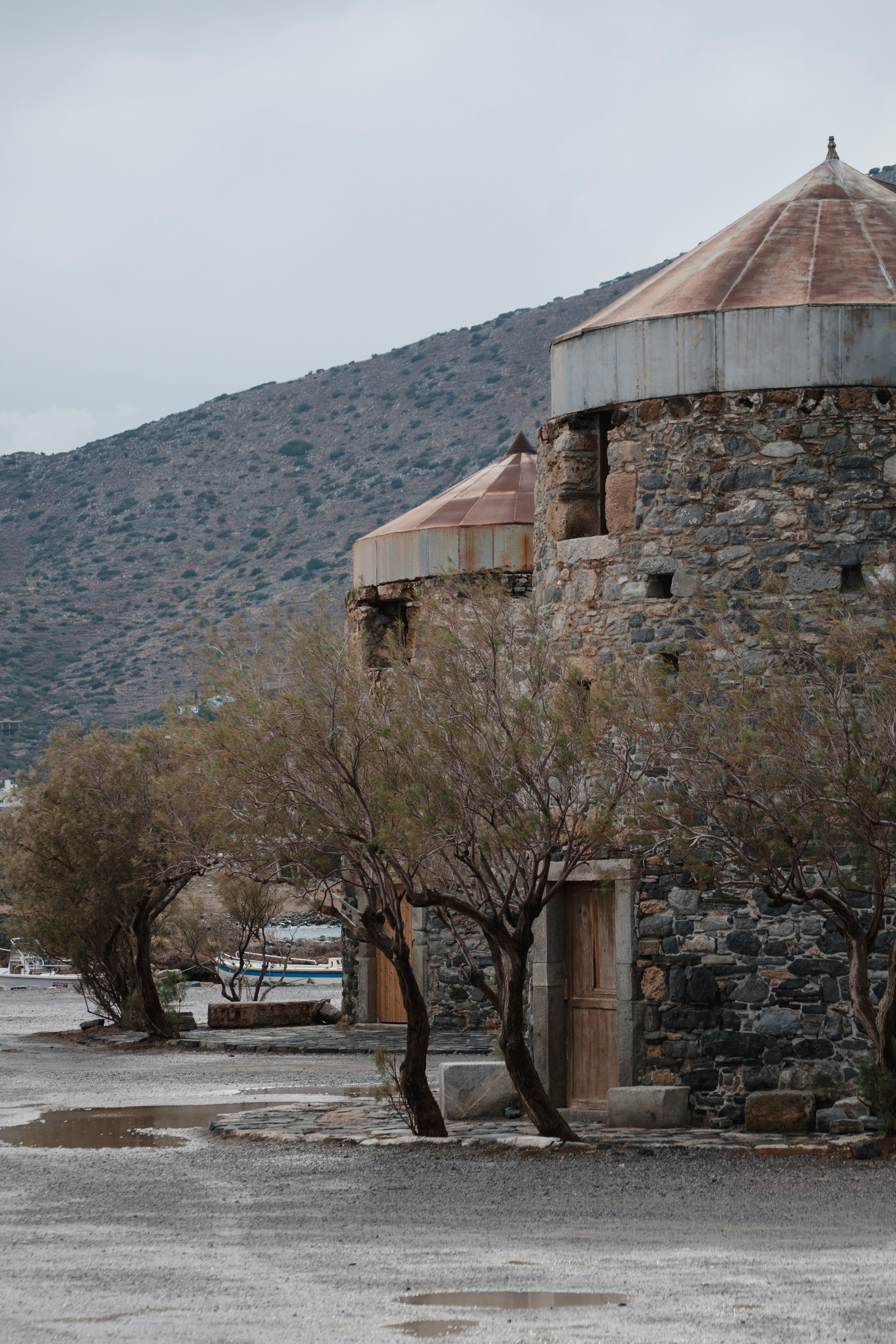 brown and gray brick buildings beside trees during day